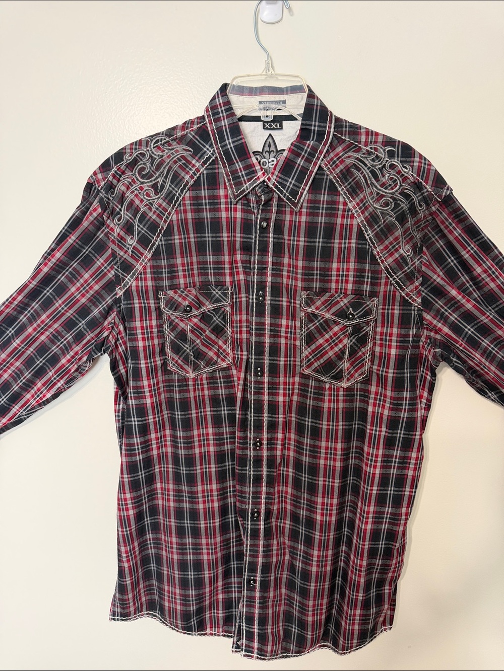 Roar Red and Black Plaid Button-Down Shirt with Embroidered Shoulders